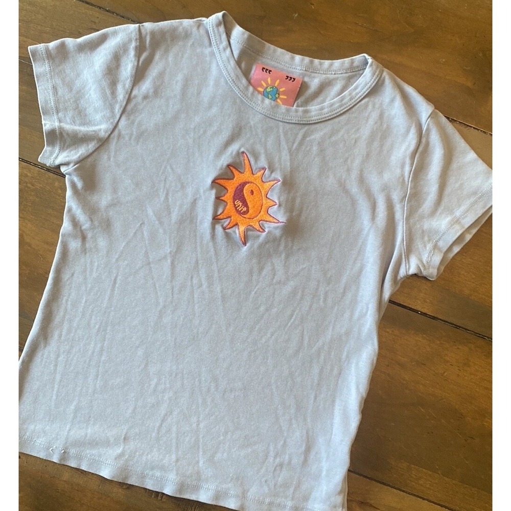 UNIF Sun Yin Yang Baby Tee Womens Size S Blue Y2K Retro Embroidered Cotton Top